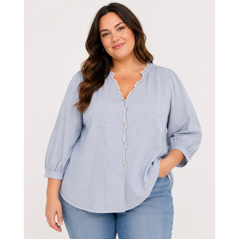 LC Lauren Conrad Blue White Pinstripe Peasant Blouse 3X Ruffle Trim Cottagecore